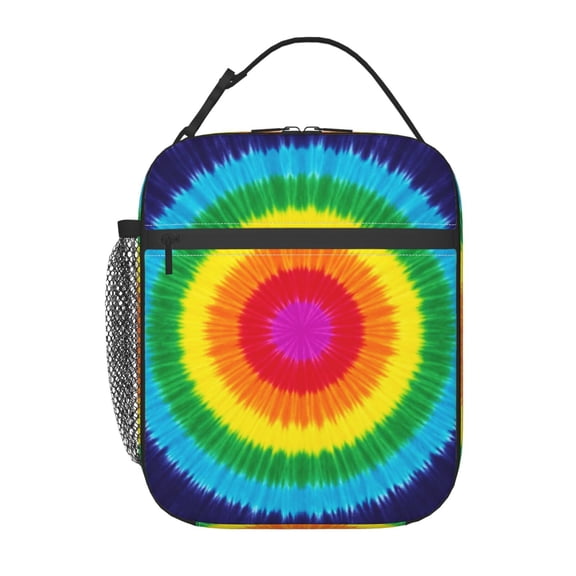 Tie Dye Insulated Lunch Box, Colorful Rainbow Sunburst Pattern Lunch Bag, Durable Polyester Thermal Cooler Bag For Office, Travel And Picnic