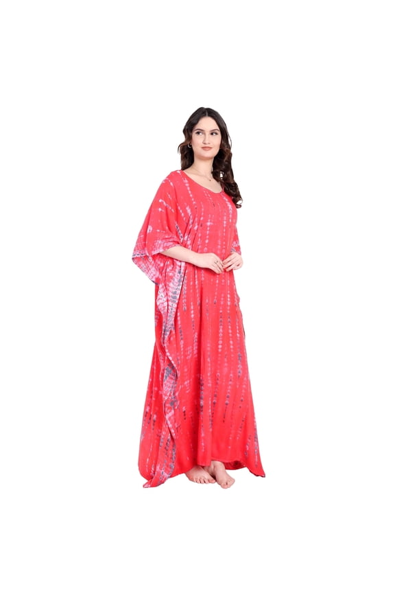 Tie‑Dye Kaftan Dress for Women Plus Size – Maxi V‑Neck Mumu Swim Cover Up, Coral Red Tie Dye Boho Batwing Sleeve Beach Dress, Casual Loungewear & Resort Wear