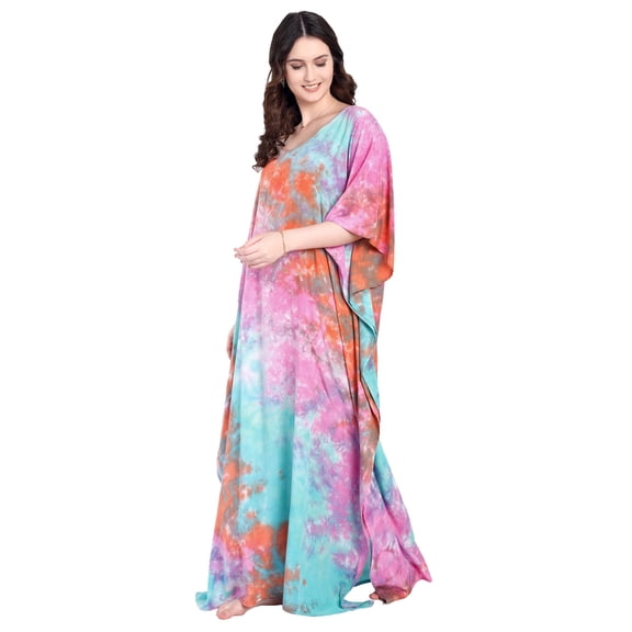 Vivanta Tie-Dye Kaftan Maxi Dress for Women Plus Size Black V-Neck Moomoo Beach Cover Up, Boho Batwing Sleeve Rayon Caftan House Dress, Resort, Cruise & Lounge Wear