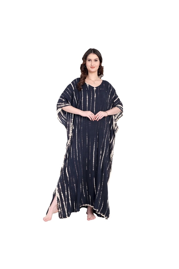 Tie-Dye Kaftan Maxi Dress for Women Plus Size Black V-Neck Moomoo Beach Cover Up, Boho Batwing Sleeve Rayon Caftan House Dress, Resort, Cruise & Lounge Wear