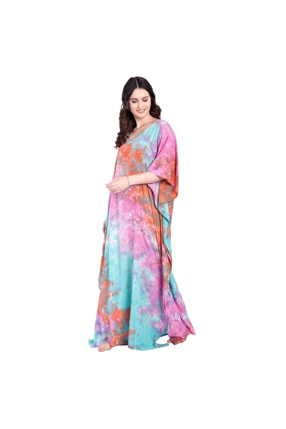 Tie-Dye Kaftan Maxi Dress for Women Plus Size Black V-Neck Moomoo Beach Cover Up, Boho Batwing Sleeve Rayon Caftan House Dress, Resort, Cruise & Lounge Wear