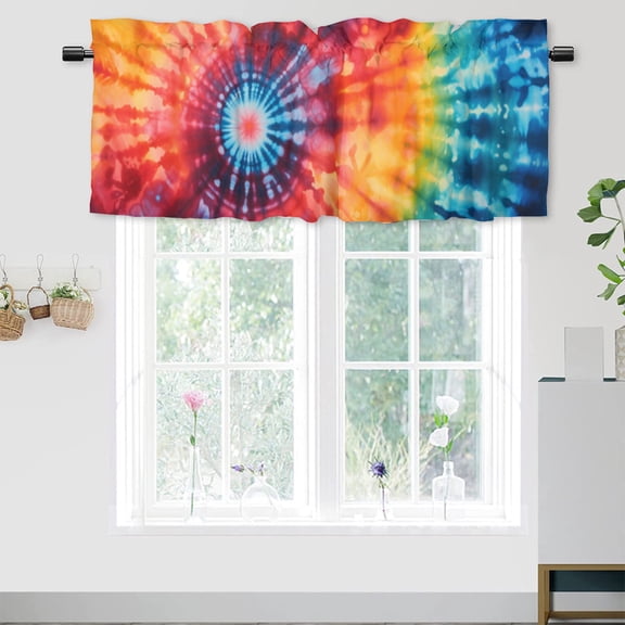 Tie Dye Kitchen Valance Curtains Colorful Boho Rainbow Spiral Privacy Decorative Rod Pocket Short Window Valance Curtains 54 by 18 in, 1 Panel