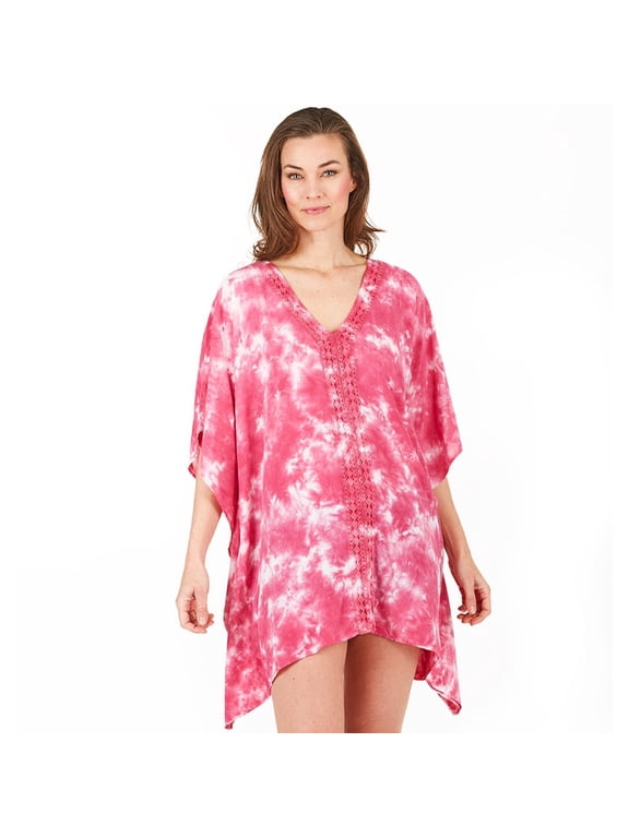 Tie-Dye Lace Trim Cover-Up Caftan - Fuchsia S/M