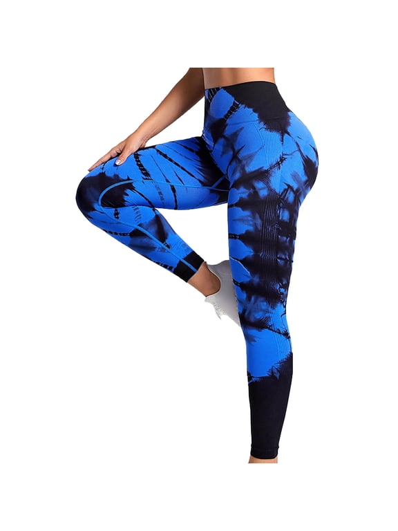 Tie Dye Leggings for Women High Waisted Butt Lifting Stretch Seamless Gym Workout Yoga Pants Active Sports Tights (Large, Blue)
