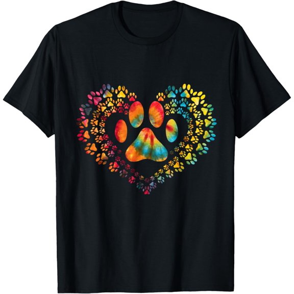 Tie Dye Love Dog Paw Print Heart Animal Lover T-ShirtMen and women, Black T-shirt, size: Extra large