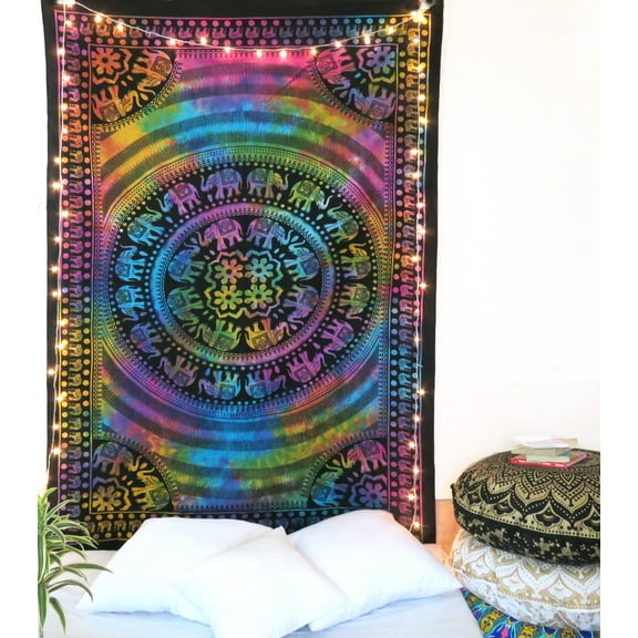 Tie Dye Mandala Elephant Tapestry Beach Throw Blanket Boho Hippie Tapestry College Dorm Room Ethnic Indian Wall Hangings by Oussum