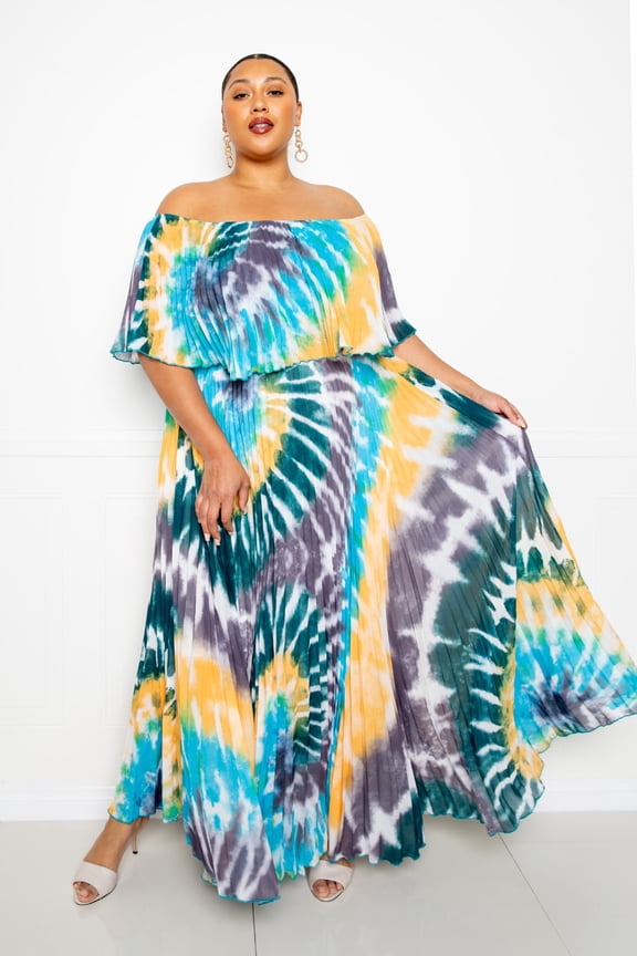 Tie Dye Off Shoulder Pleated Maxi Dress 2XL