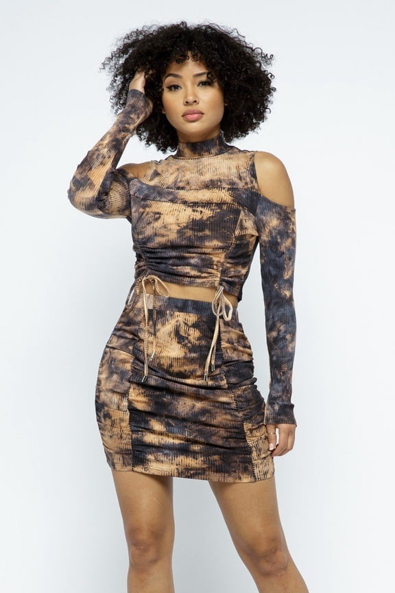 Tie Dye Open Shoulder Long Sleeve Top And Matching Skirt W Ruching Details M