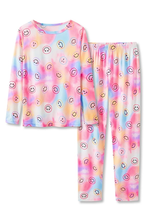 Tie Dye Pajamas for Girls Smiling Face Pattern Tween Clothes Long Sleeves & Pants PJ Set Big Kid Size 10