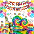 thumbnail image 1 of Tie Dye Party Supplies, 113pcs Tie Dye Party Tableware & Decorations - Plates Cups Tablecloth Napkins Banner Balloons for Party Decorations, Serves 16 Guests, 1 of 8