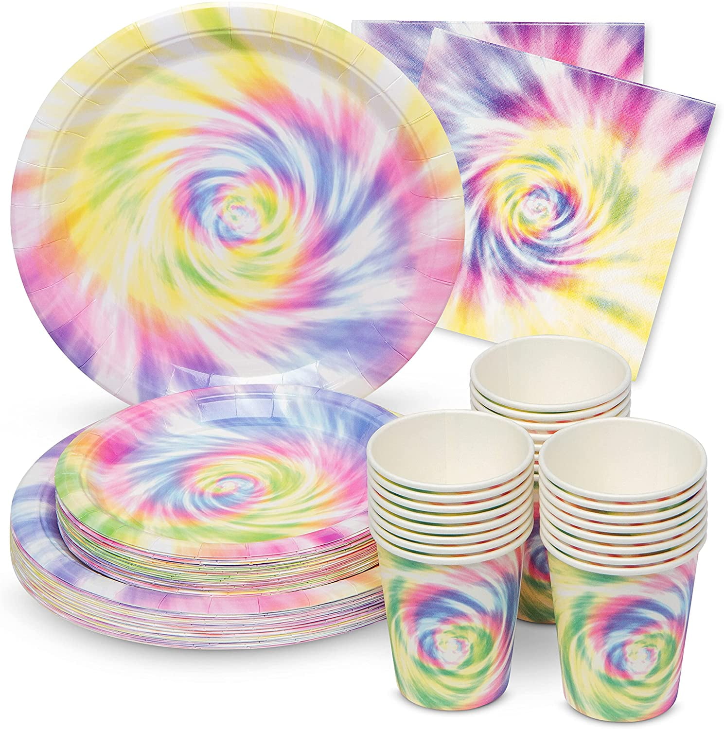 147-Piece Pastel Rainbow Party Decorations, Tie Dye Plates And Napkins  Party Supplies Sets With Cups, Tablecloth, Happy Birthday Banner, Napkins,  Cutlery (Serves 24)
