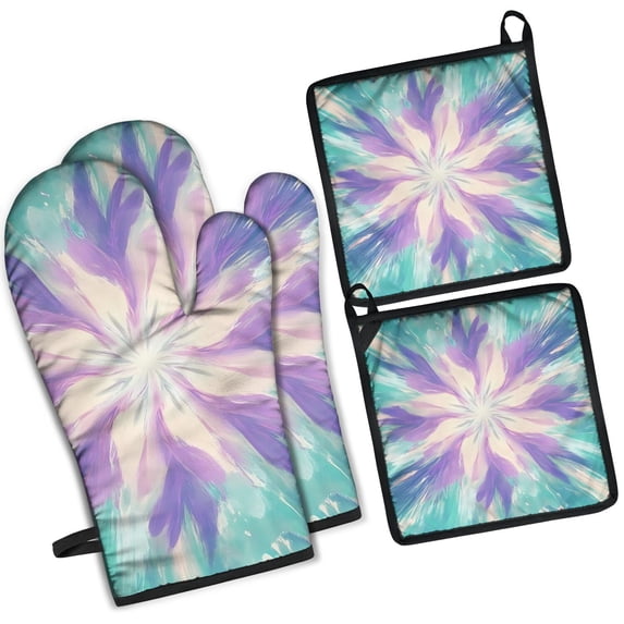 Tie Dye Pattern Kitchen Oven Mitt and Pot Holder Sets 4 Pcs for Baking, Cooking and Grilling, Heat Resistant Up To 392 °F