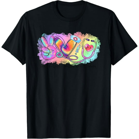 Tie Dye Peace Love Healthcare Worker Stethoscope Nurse T-ShirtMen and women, Black T-shirt, size: Extra large