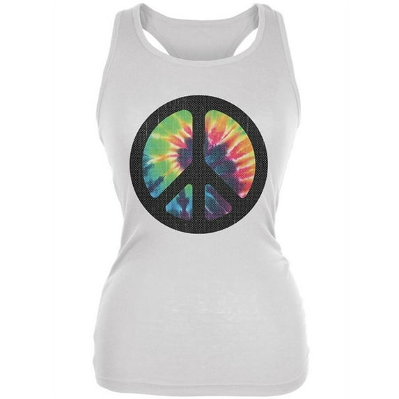 Tie Dye Peace Sign Distressed Halftone Juniors Soft Tank Top White X-LG