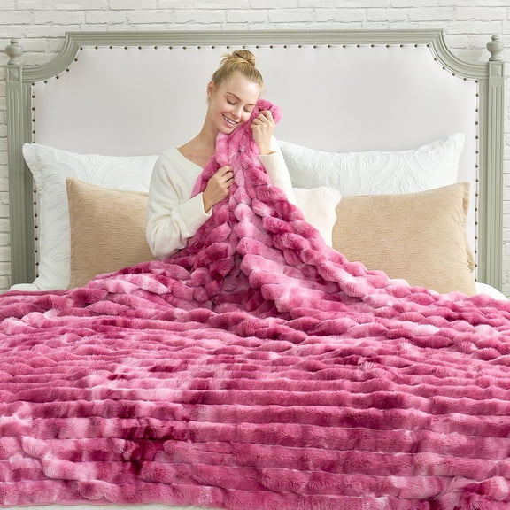 Tie-Dye Pink Faux Fur Striped Throw Blanket, Plush Cozy Warm Blanket for Couch & Bedroom, 108x90 Inches