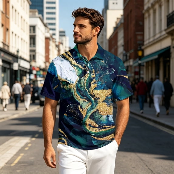 Tie Dye Polo Shirts for Men Henley Short Sleeve Cotton Linen Tees Causal Vacation Loose T Shirts, S