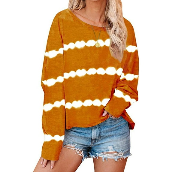 Tie Dye Print Plus Size Loose Sweatshirts for Womens Casual Crew Neck Long Sleeve Baggy Pullover Tops Striped Gradient Tunic Tennis Running Sports Winter T-Shirts Ladies Womens Sweatshirts