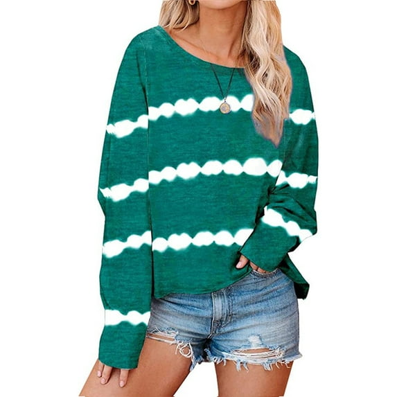 Womens Crew Neck Long Sleeve Stripe Sports Sweatshirts Tops Loose Pullover Sweatshirt for Junior Hips Length Work Office Workwear Ladies Plus Blouses Womens Plus Tops Activewear S-5XL