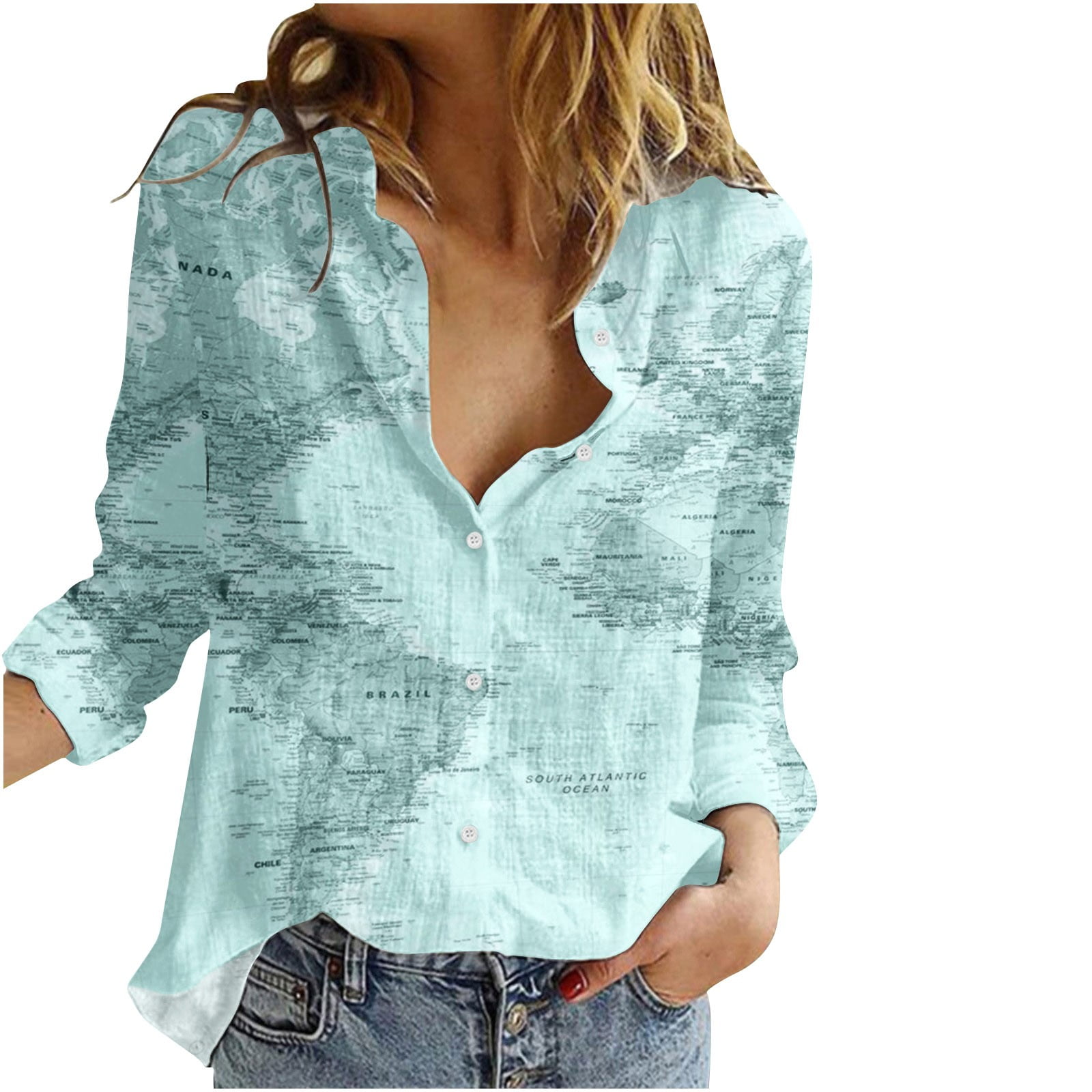 Tie Dye Print Tops for Women Deep V Neck Button Top Casual Long Sleeve Tops  Airplane Print Top Loose Shirt Top Blouse 