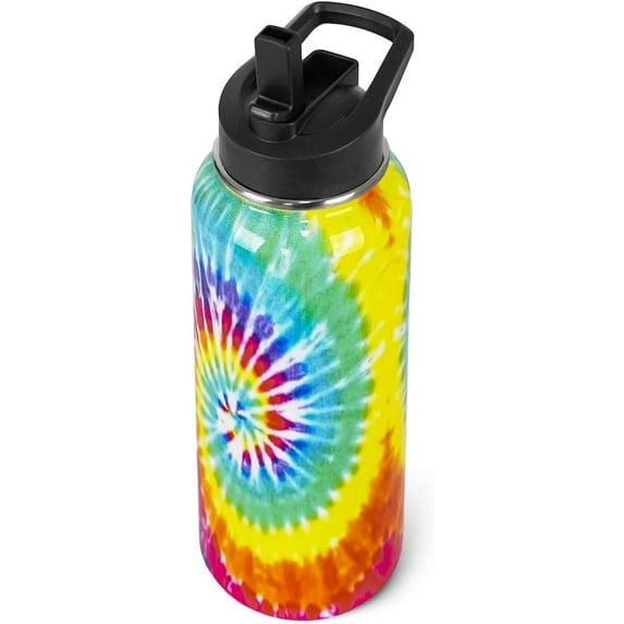 Tie-Dye Print Water Bottle with Straws Double Walled Vacuum Insulated Sports Bottle Tie-Dye Travel Thermal Cup Leak Proof Stainless Steel Tumbler Tie-Dye Decor Gifts-32 OZ