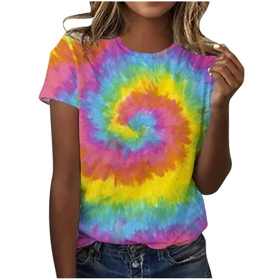 Diufon Tie Dye Printed Tops for Women Colorful Casual Short Sleeve Crewneck Tops Spring Summer Soft T-Shirts