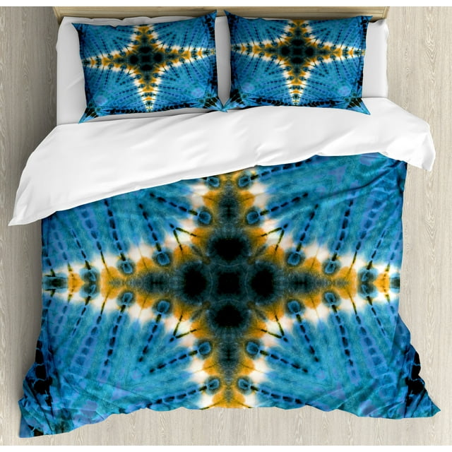 Tie Dye Queen Size Duvet Cover Set, Star Figure in Middle of Color Power Textured Ethnic Asian Ikat Pattern Print, Decorative 3 Piece Bedding Set with 2 Pillow Shams, Blue Orange, by Ambesonne