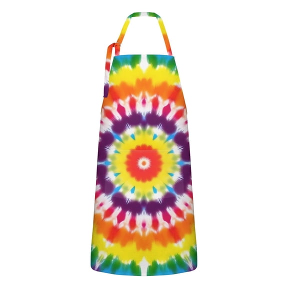 Tie Dye Rainbow Concentric Circles Pattern Apron-Garden Aprons for Women with Pockets-Cotton Linen Waterproof Kitchen Cooking Gardening Aprons Adjustable for Kitchen,Cooking,BBQ and Salon 33x27 Inch