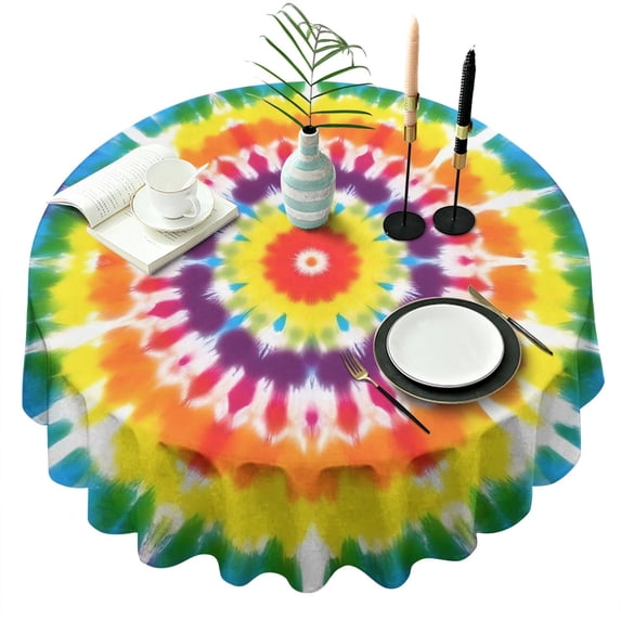 Tie Dye Rainbow Concentric Circles Pattern Round Tablecloth 60"x60",Wrinkle Wipeable Table Cloth for Kitchen Dining Room Picnic Patio Party
