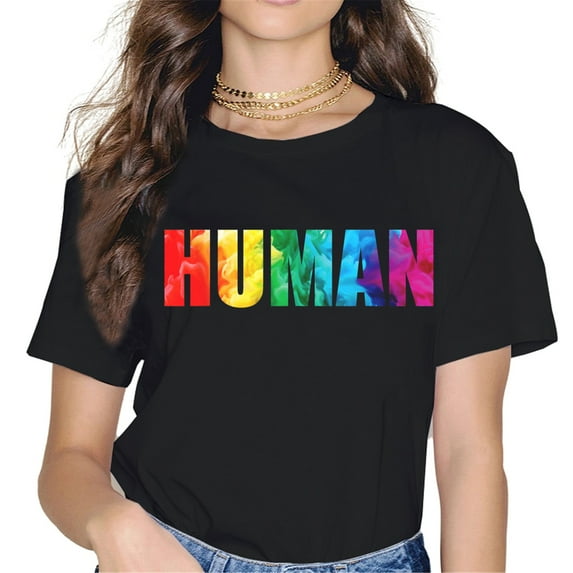 Tie Dye Rainbow Human LGBTQ Gay & Lesbian Pride Month Women Tops T-Shirt Graphics Shirt Casual Short Sleeve Crew Neck Shirts Gift Tee Black 4X-Large