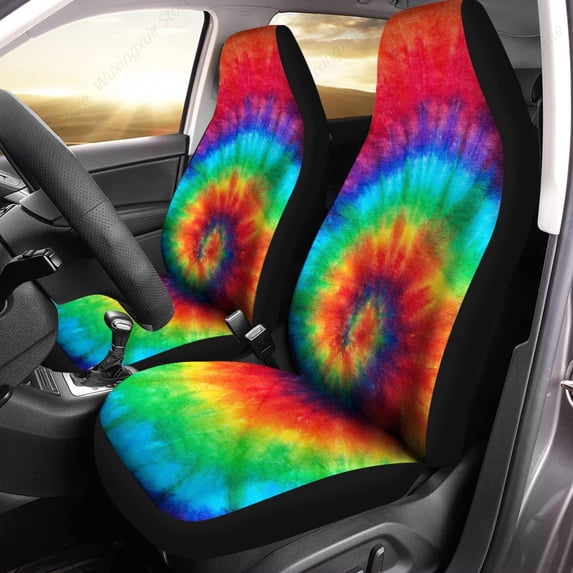 Tie-Dye Rainbow Swirl Print Car Seat Covers 2 Pcs Auto Universal Front Seat Protector Automobile Interior Decorate Accessories