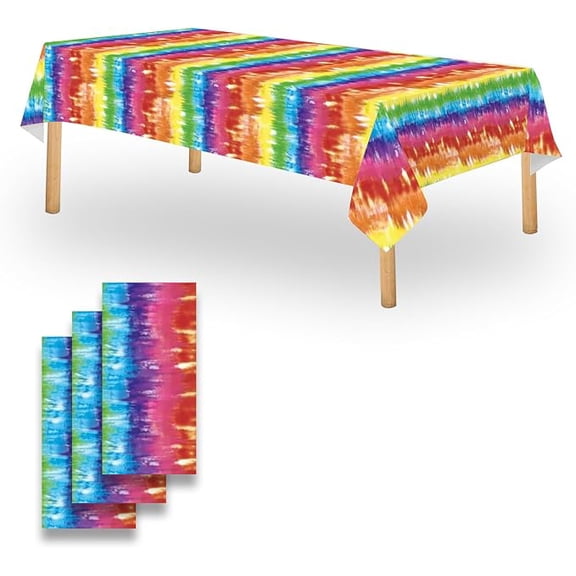 Tie Dye Rainbow Tablecloth Rainbow Striped 3 Pack 54 x 108 Inches Disposable Plastic Party Table Cover