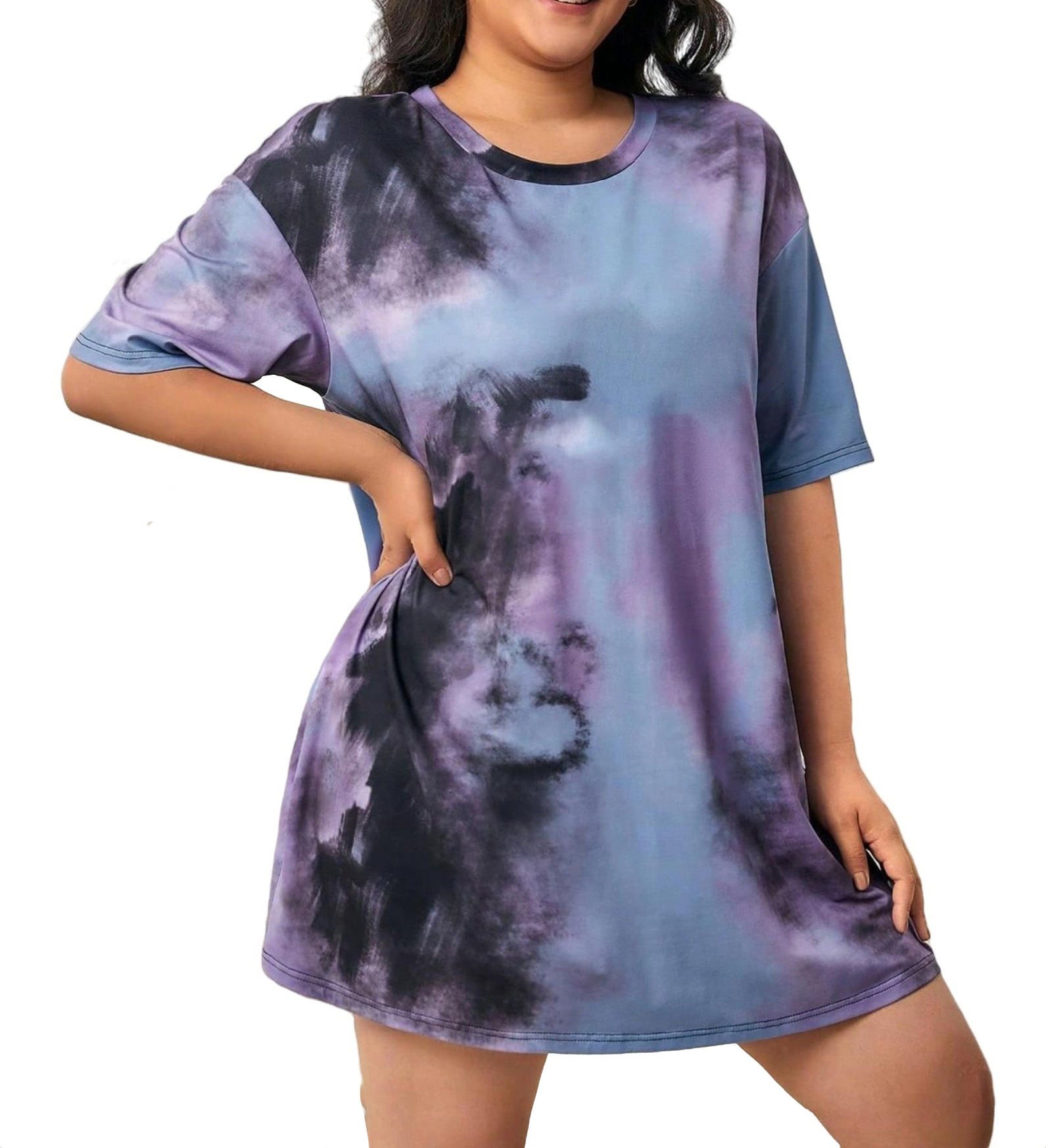 Tie Dye Round Neck Sleepshirts ElbowLength Sleeve Multicolor Plus Size