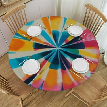 Tie Dye Round Tablecloth Rainbow Boho Elastic Fitted Round Table Cover Indoor Outdoor