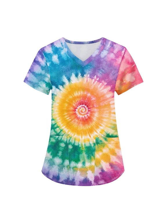 Tie Dye Scrub Top For Women Combines V Neck Short Sleeves And Pocket Detail For Caregiver Workwear Weekend Style Summer Outfits