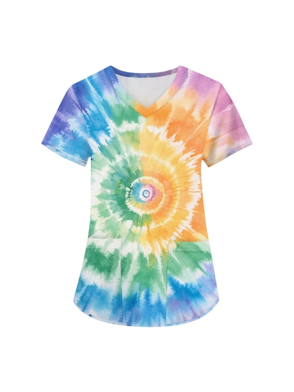 Tie Dye Scrub Top For Women Combines V Neck Short Sleeves And Pocket Detail For Caregiver Workwear Weekend Style Summer Outfits