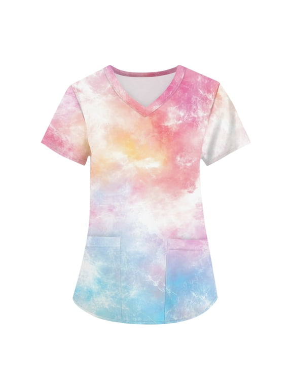 Tie Dye Scrub Tops For Women Featuring V Neck Short Sleeves And Pocket Detail For Caregiver Work Casual Summer Wear Weekend Style