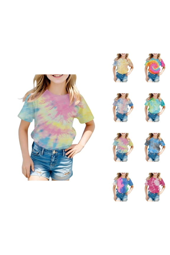 Tie Dye Shirt Kids Short Sleeve Crewneck Summer Neon Graphic Print Top Casual Tops 3-13 Years