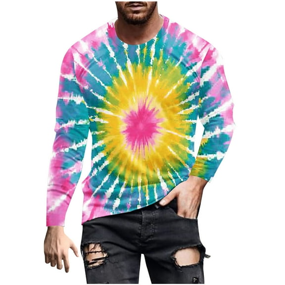 Tie Dye Shirts for Men Long Sleeve Crew Neck Colorful Graphic Base Tee Shirt Casual Tshirts Spring Fall Tops (3XL, Pink)