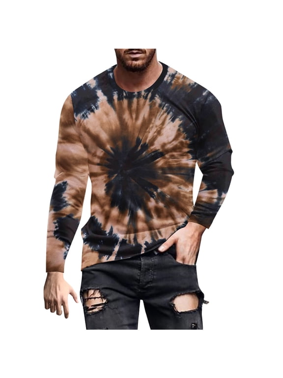 Tie Dye Shirts for Men Long Sleeve Crew Neck Colorful Graphic Base Tee Shirt Casual Tshirts Spring Fall Tops (L, Black)