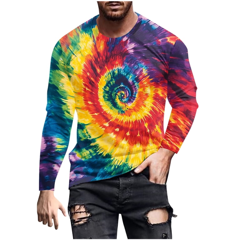 Tie Dye Shirts for Men Long Sleeve Crew Neck Colorful Graphic Base