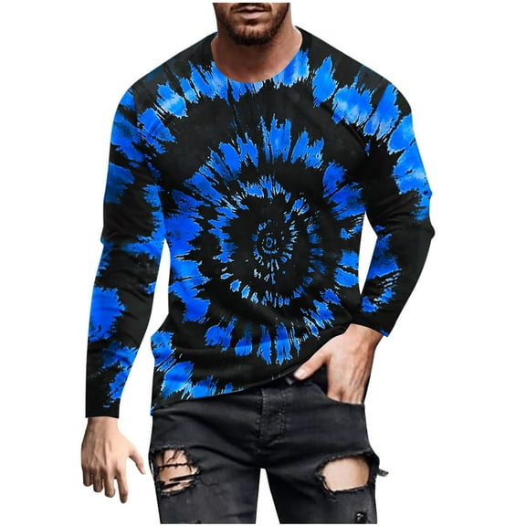 Tie Dye Shirts for Men Long Sleeve Crew Neck Colorful Graphic Base Tee Shirt Casual Tshirts Spring Fall Tops (L, Dark Blue)
