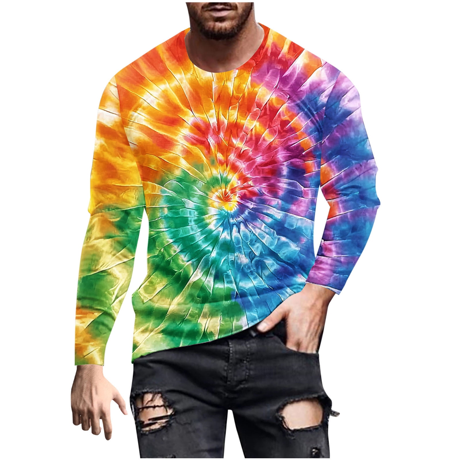 Tie Dye Shirts for Men Long Sleeve Crew Neck Colorful Graphic Base