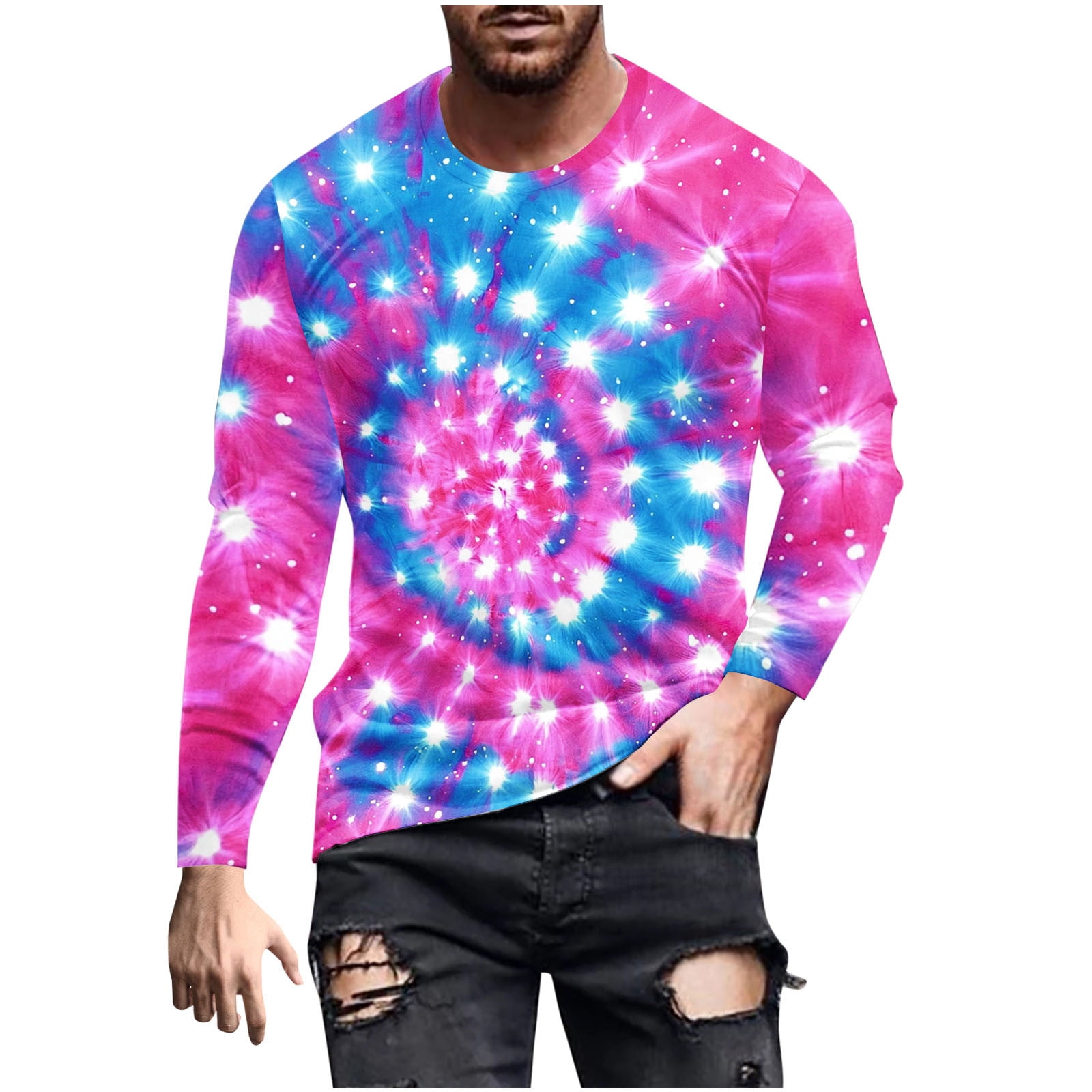 Tie Dye Shirts for Men Long Sleeve Crew Neck Colorful Graphic Base