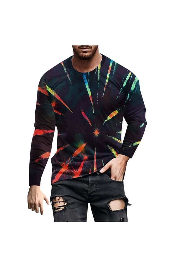 Tie Dye Shirts for Men Long Sleeve Crew Neck Colorful Graphic Base Tee Shirt Casual Tshirts Spring Fall Tops (XL, Black 01)