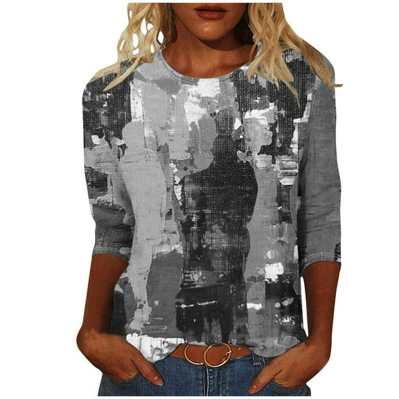 Tie Dye Shirts for Women Gradient Color Print Round Neck Top 3/4 Sleeve Blouses Summer Casual Tee (Gray L)