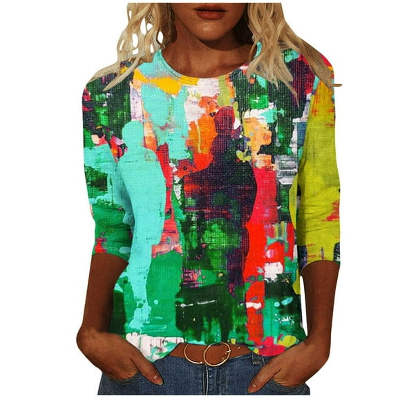 Tie Dye Shirts for Women Gradient Color Print Round Neck Top 3/4 Sleeve Blouses Summer Casual Tee (Green XL)