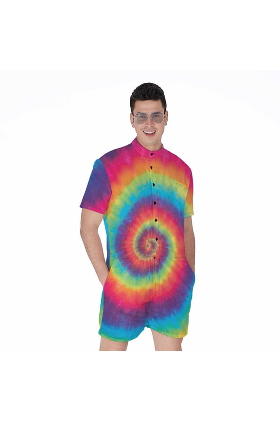 Tie Dye Short Sleeve Men'S Rompers, Tie Dye Pattern Casual Summer Jumpsuits Outfit