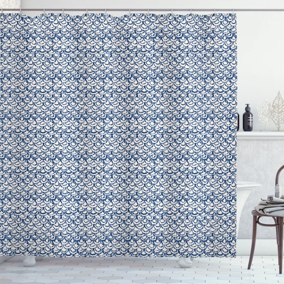 Tie Dye Shower Curtain, Far Eastern Scales Messy Curves with Vertical Stripes and Grungy Look, Fabric Bathroom Set with Hooks, 69W X 70L Inches, Navy Blue and Cream, by Ambesonne