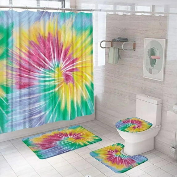 Tie Dye Shower Curtain Set Colorful Abstract Spiral Psychedelic Boho Bathroom Curtain Non-Slip Rug Toilet Cover Bath Mat