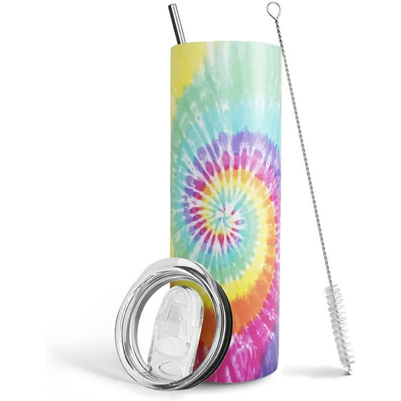 Tie Dye Skinny Tumbler with Lid and Straw Double Wall Vacuum Stainless Steel 20 Oz Colorful Rainbow Cup, Water Bottle, Travel Coffee Mug ,Tie Dye Decor,Accessories